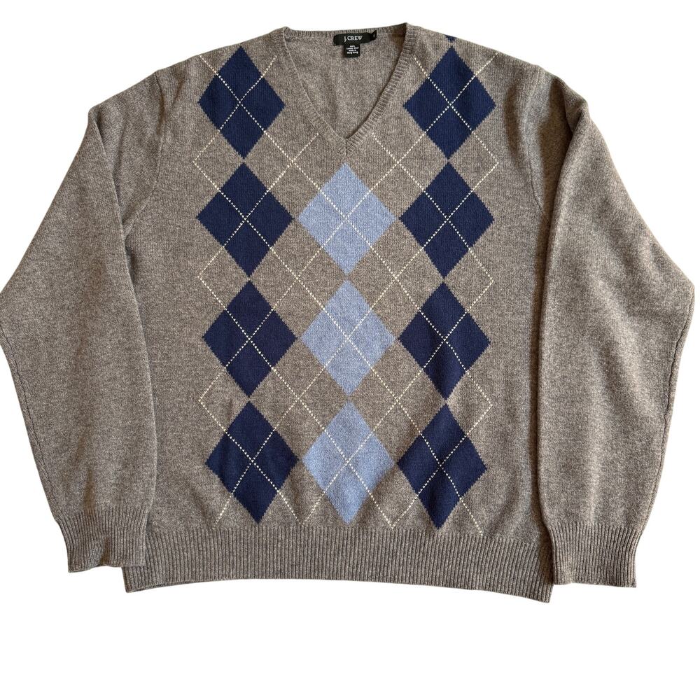J. Crew Men's Argyle V Neck Lambs Wool Sweater Size XL EUC Preppy Pullover